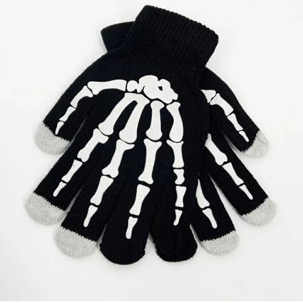 Halloween Black Knit Skeleton Touch Screen Gloves Unisex -A - Picture 2 of 3